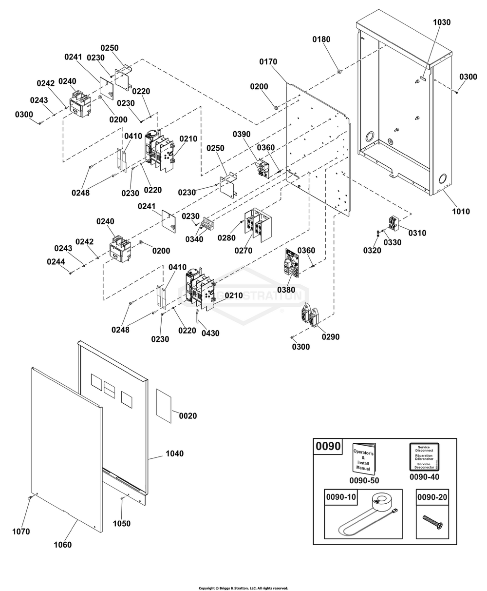 Transfer Switch - Hingeless Enclosure Diagram and Parts List for 040782-00  Briggs and Stratton Generator